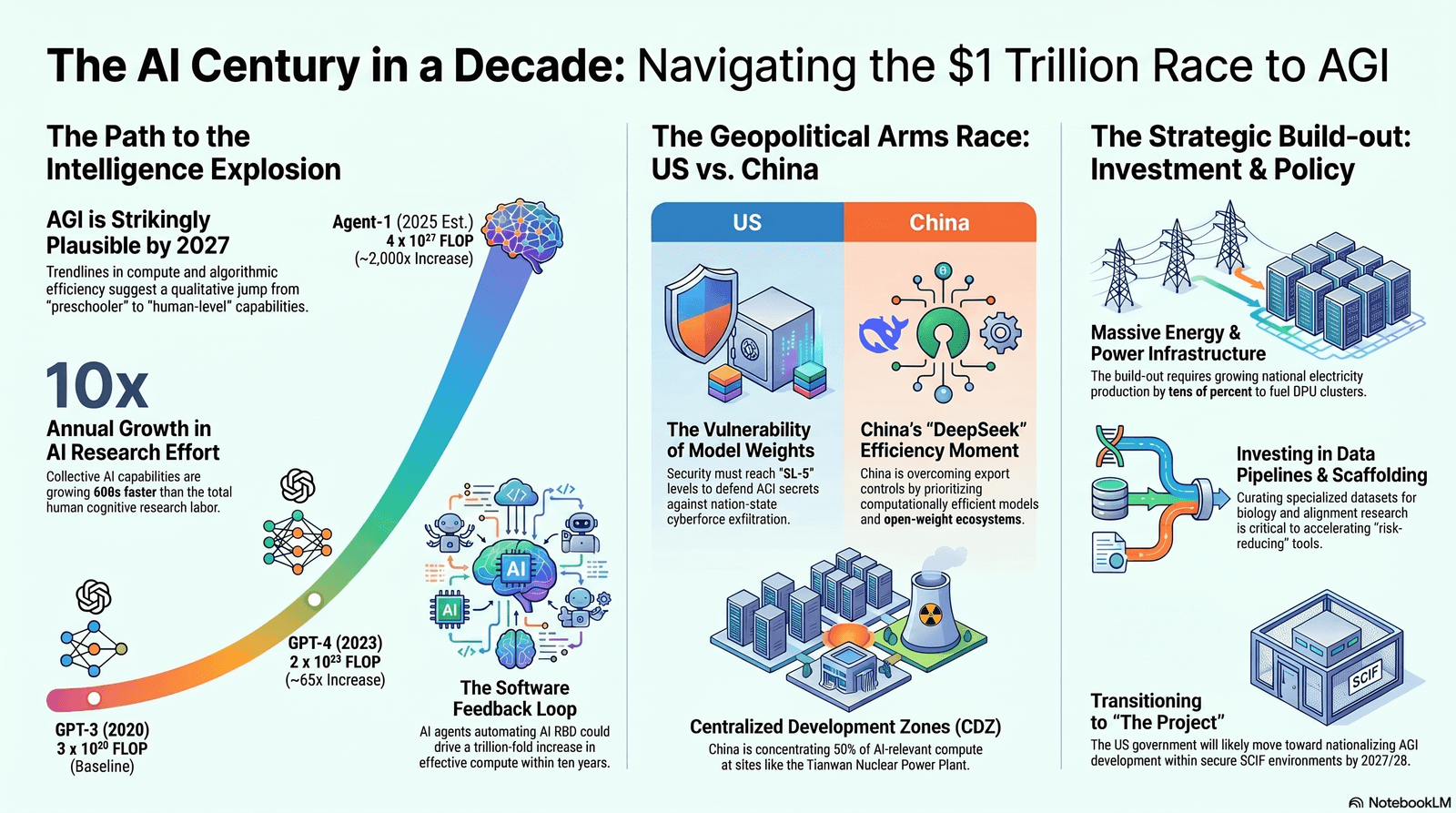 Infographic: The AI Century in a Decade — Navigating the $1 Trillion Race to AGI, covering the path to the intelligence explosion, the US–China arms race, and the strategic build-out.
